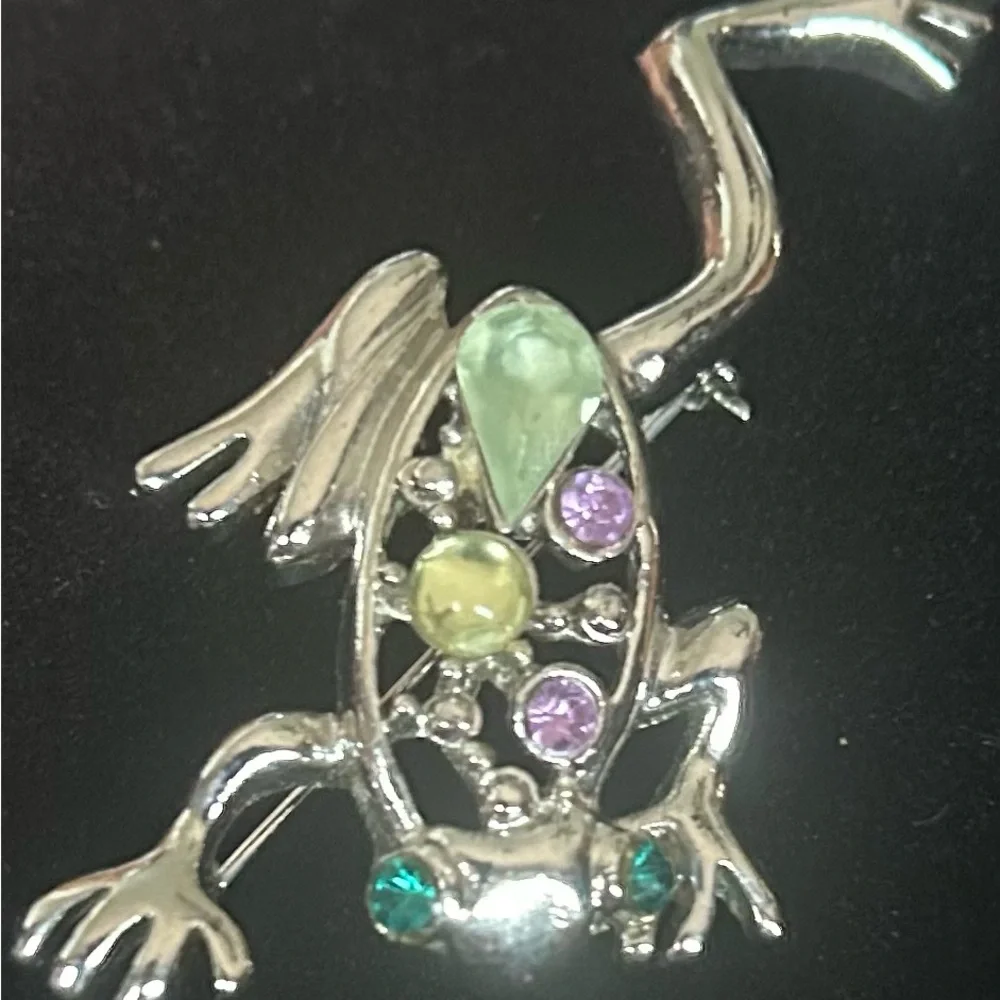 Vintage Silver Frog Brooch/Pendant with Multi-colored Rhinestones